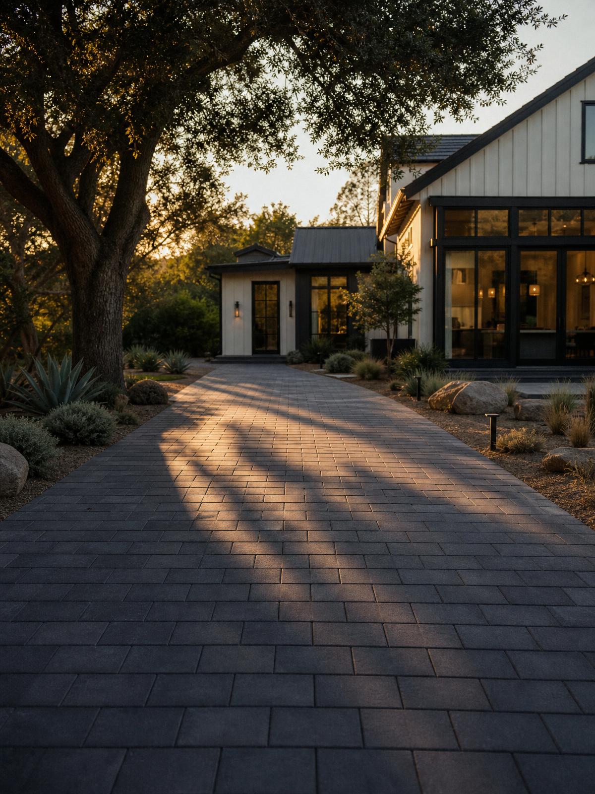 Charcoal paver driveway at dusk