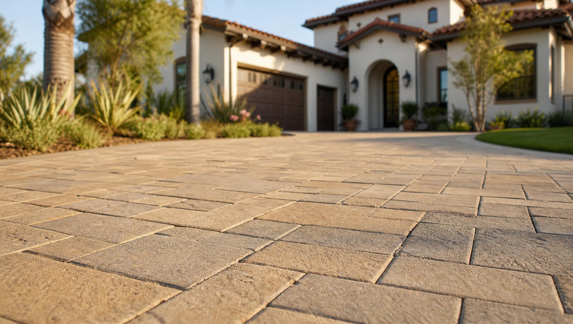 Luxury paver driveway leading to a modern Southern California estate at dusk